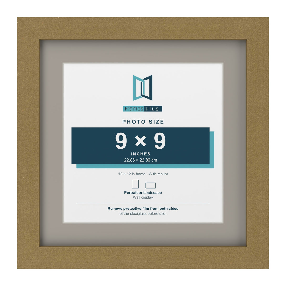 Gold 12 x 12 inch picture frame with a Dawn Grey mount for a 9 x 9 inch photo