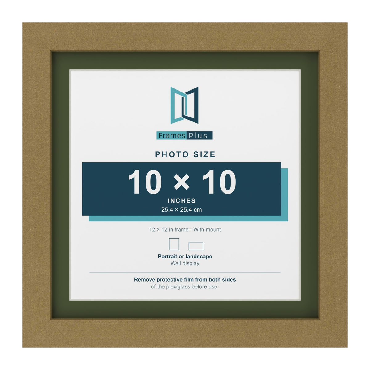 Gold 12 x 12 inch picture frame with a green mount for a 10 x 10 inch photo