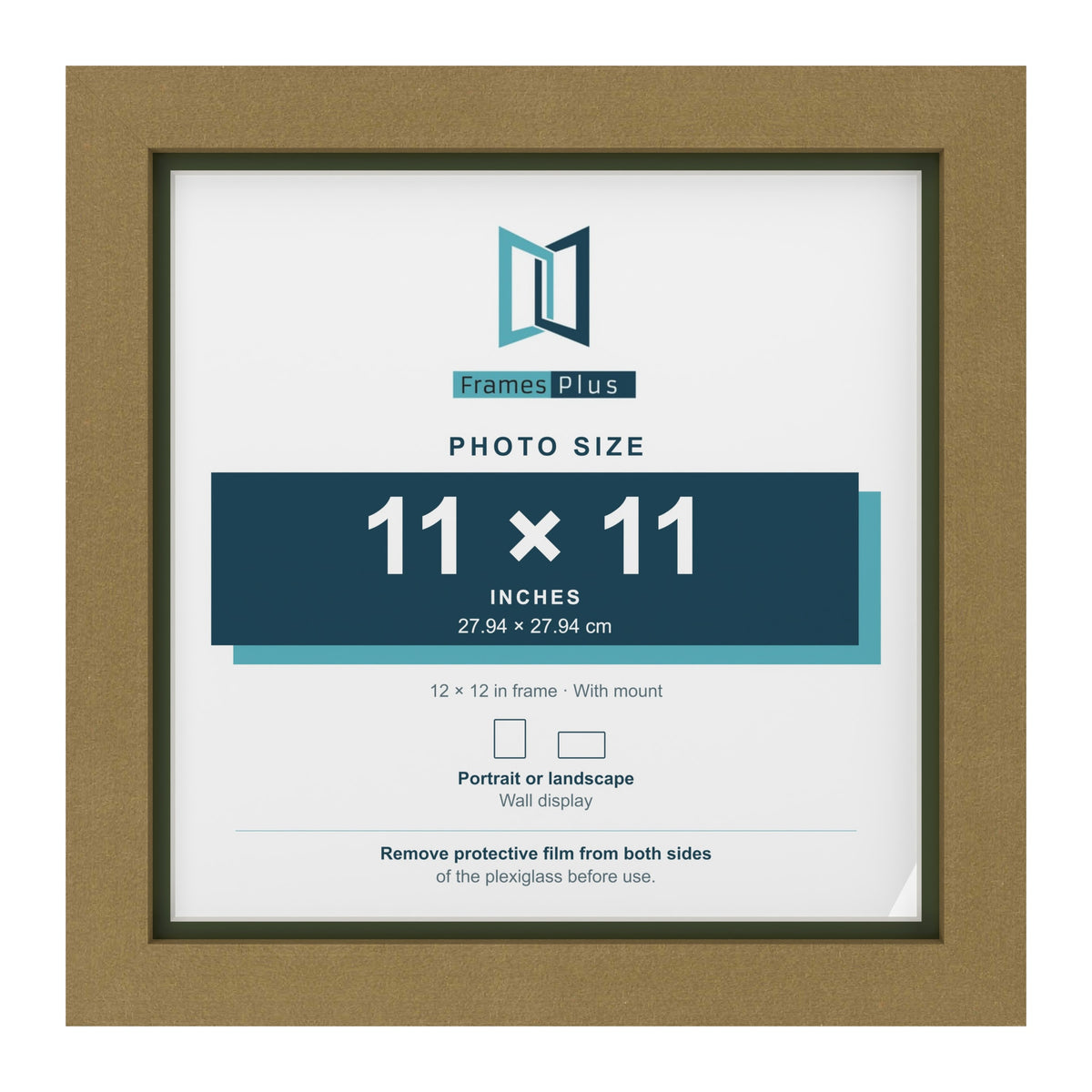Gold 12 x 12 inch picture frame with a green mount for an 11 x 11 inch photo
