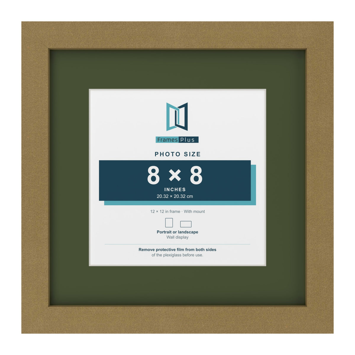 Gold 12 x 12 inch picture frame with a green mount for an 8 x 8 inch photo