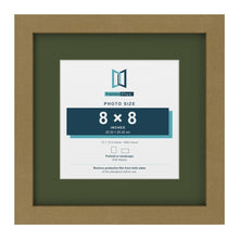 Gold 12 x 12 inch picture frame with a green mount for an 8 x 8 inch photo