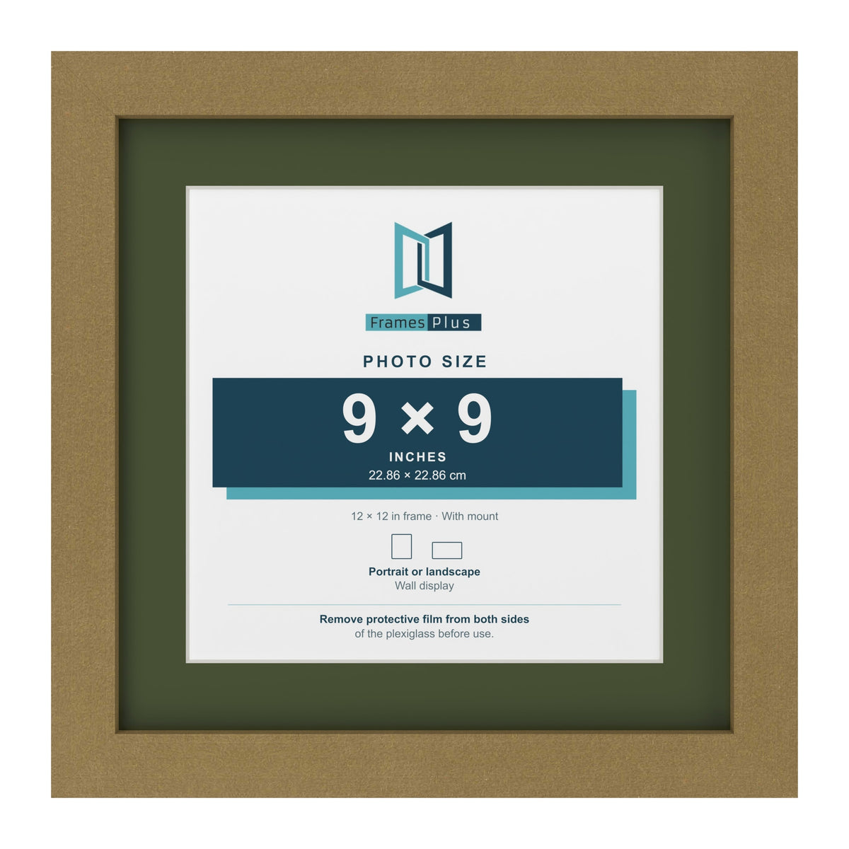 Gold 12 x 12 inch picture frame with a green mount for a 9 x 9 inch photo
