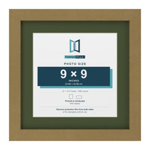 Gold 12 x 12 inch picture frame with a green mount for a 9 x 9 inch photo