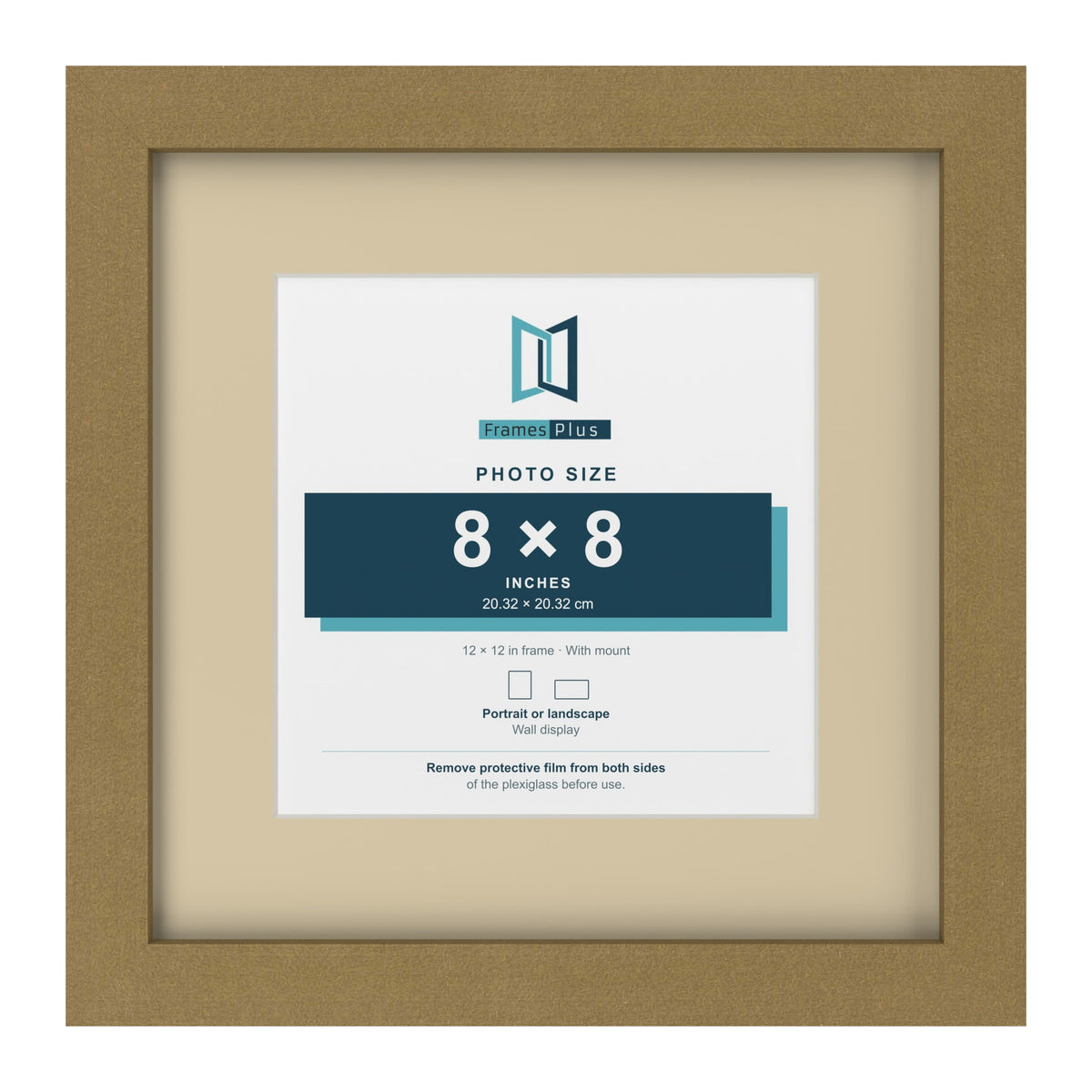 Gold 12 x 12 inch picture frame with an ivory mount for an 8 x 8 inch photo