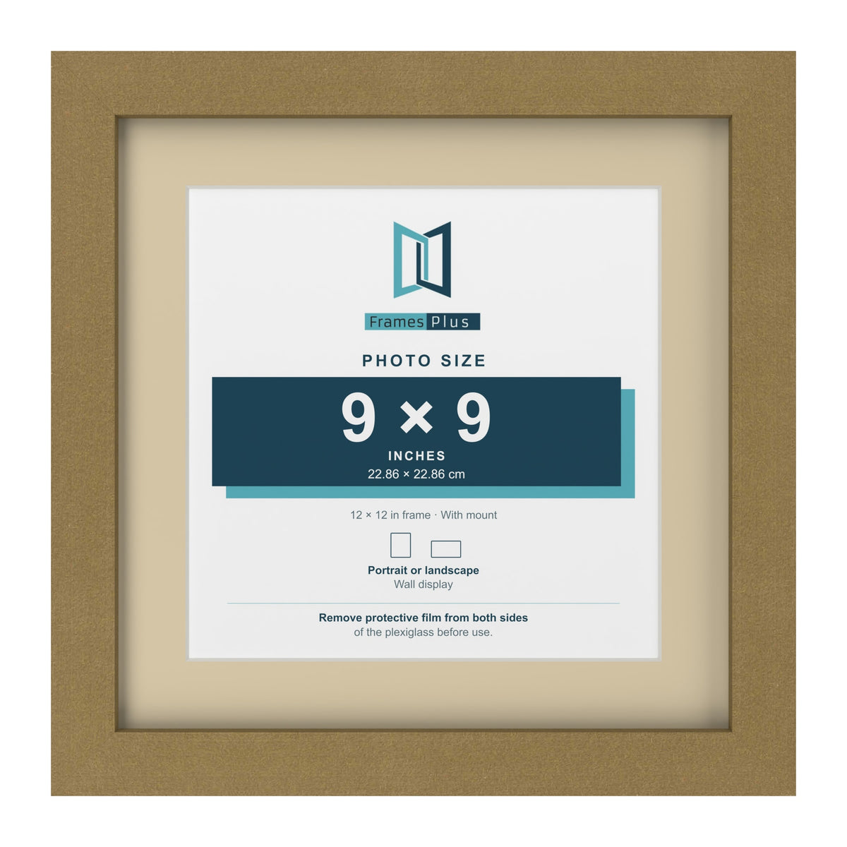 Gold 12 x 12 inch picture frame with an ivory mount for a 9 x 9 inch photo