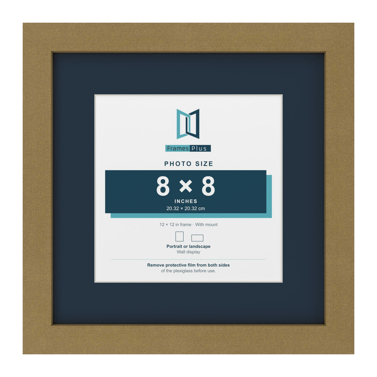 Gold 12 x 12 inch picture frame with a Pacific Blue mount for an 8 x 8 inch photo