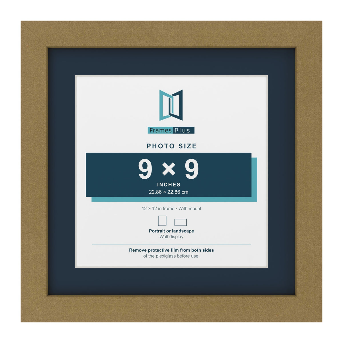 Gold 12 x 12 inch picture frame with a Pacific Blue mount for a 9 x 9 inch photo