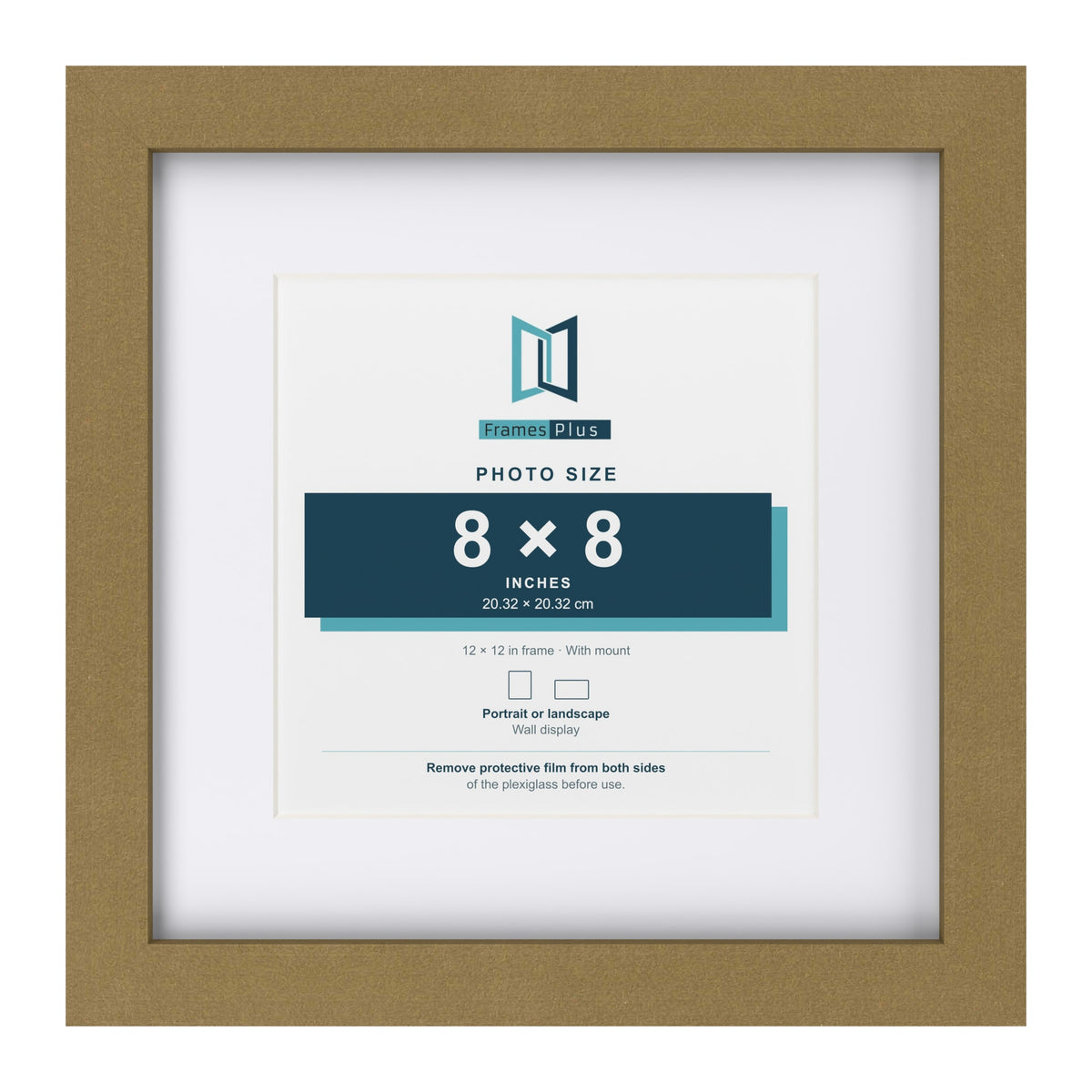 Gold 12 x 12 inch picture frame with a white mount for a 8 x 8 inch photo