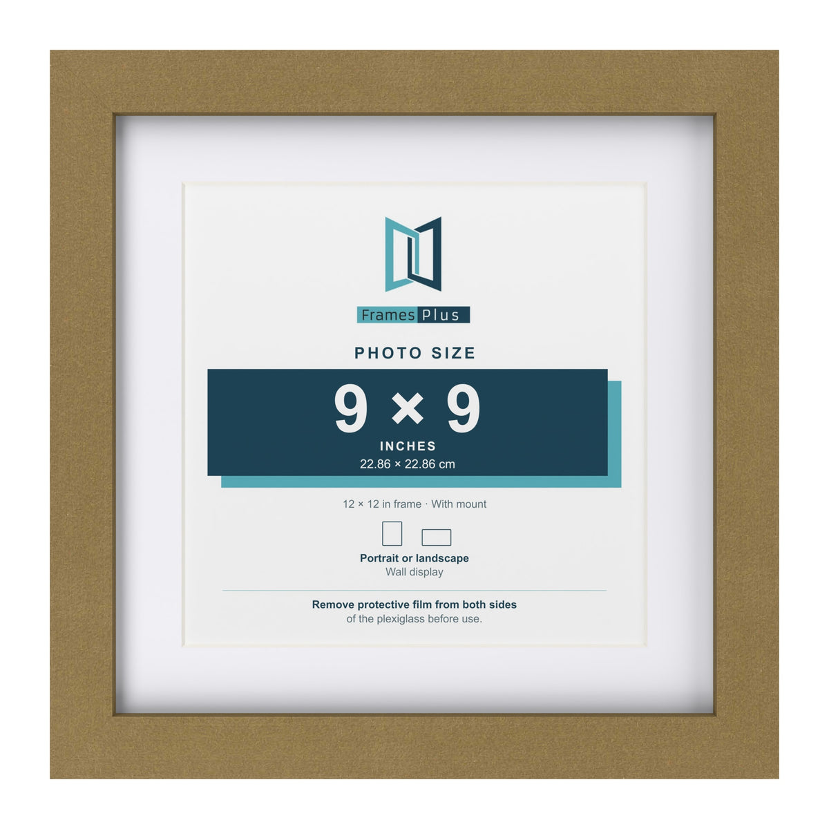 Gold 12 x 12 inch picture frame with a white mount for a 9 x 9 inch photo