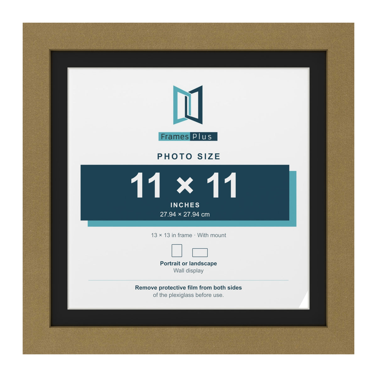 Gold 13 x 13 inch picture frame with a black mount for an 11 x 11 inch photo