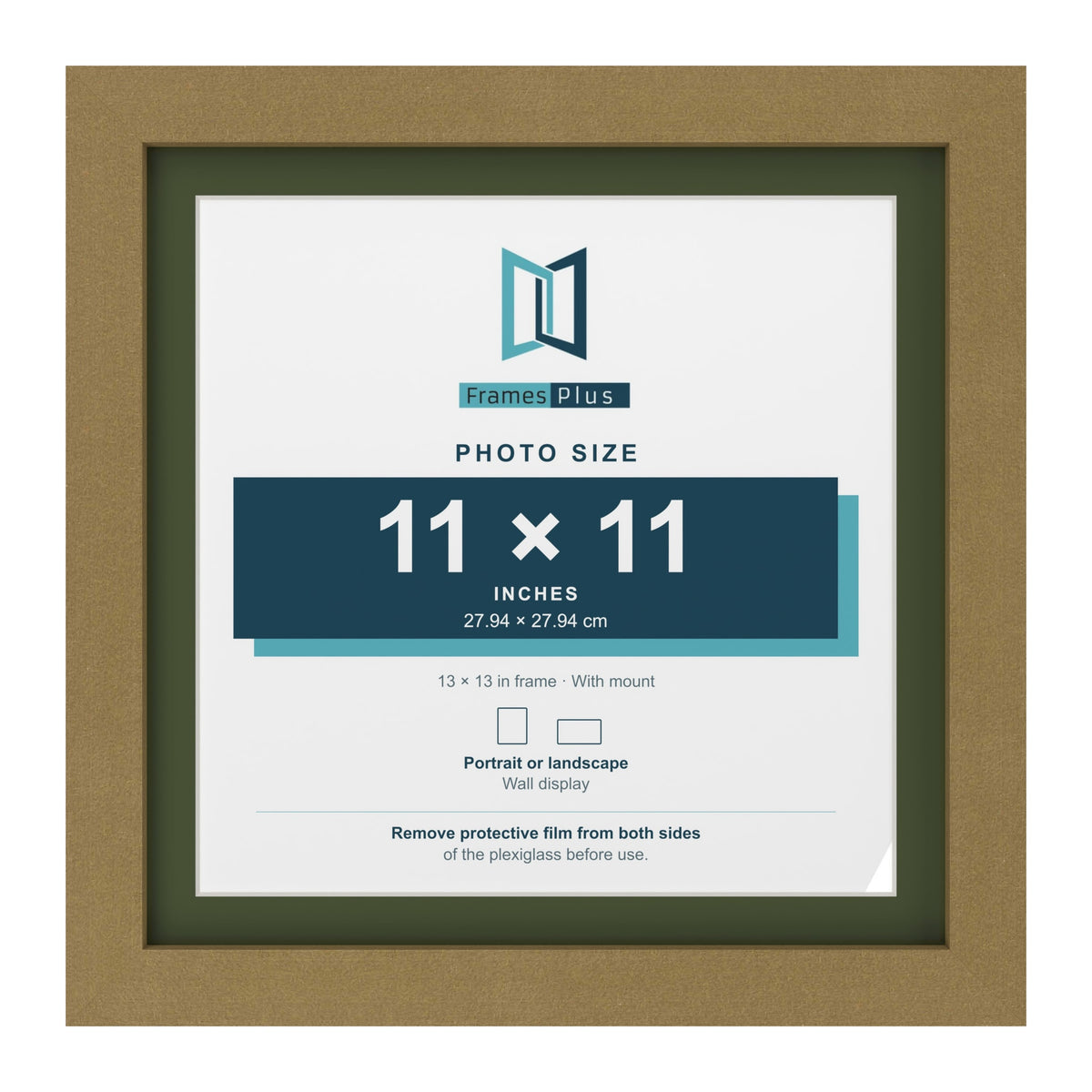 Gold 13 x 13 inch picture frame with a green mount for an 11 x 11 inch photo