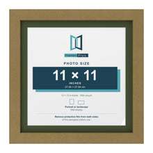 Gold 13 x 13 inch picture frame with a green mount for an 11 x 11 inch photo