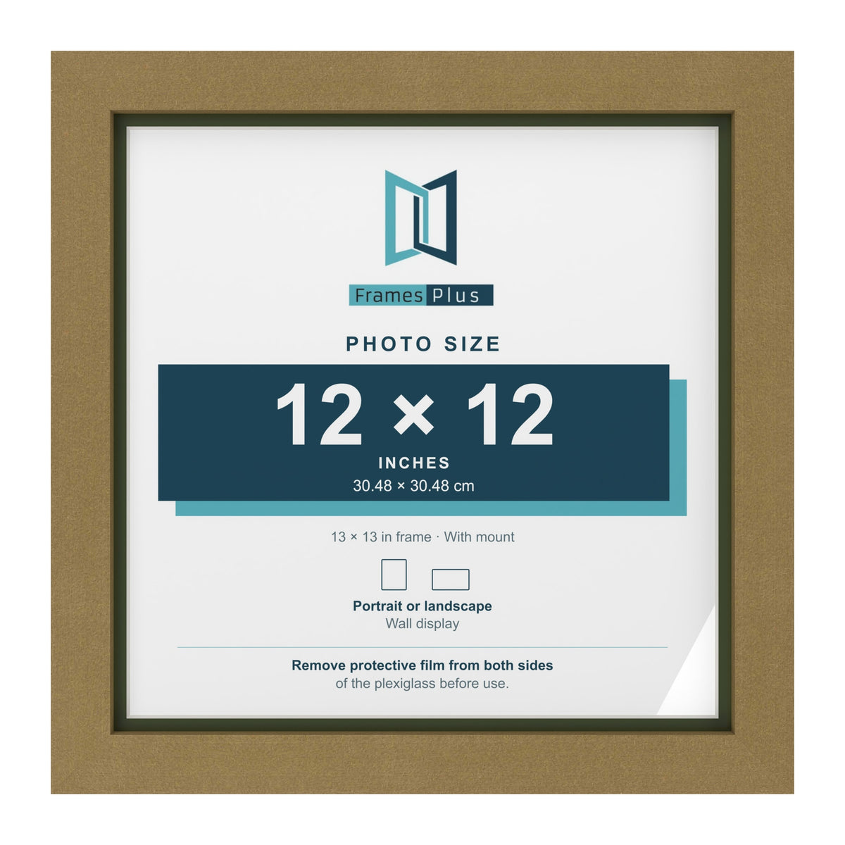 Gold 13 x 13 inch picture frame with a green mount for a 12 x 12 inch photo