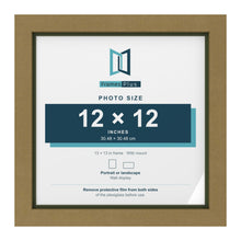 Gold 13 x 13 inch picture frame with a green mount for a 12 x 12 inch photo