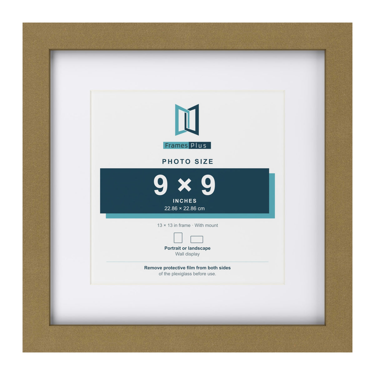 Gold 13 x 13 inch picture frame with a white mount for a 9 x 9 inch photo