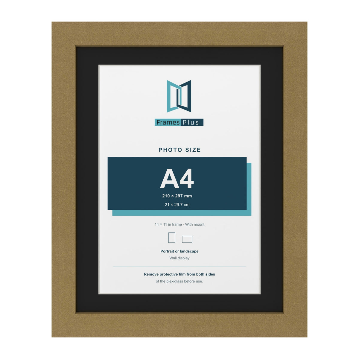 Gold 14 x 11 inch picture frame with a black mount for an A4 photo
