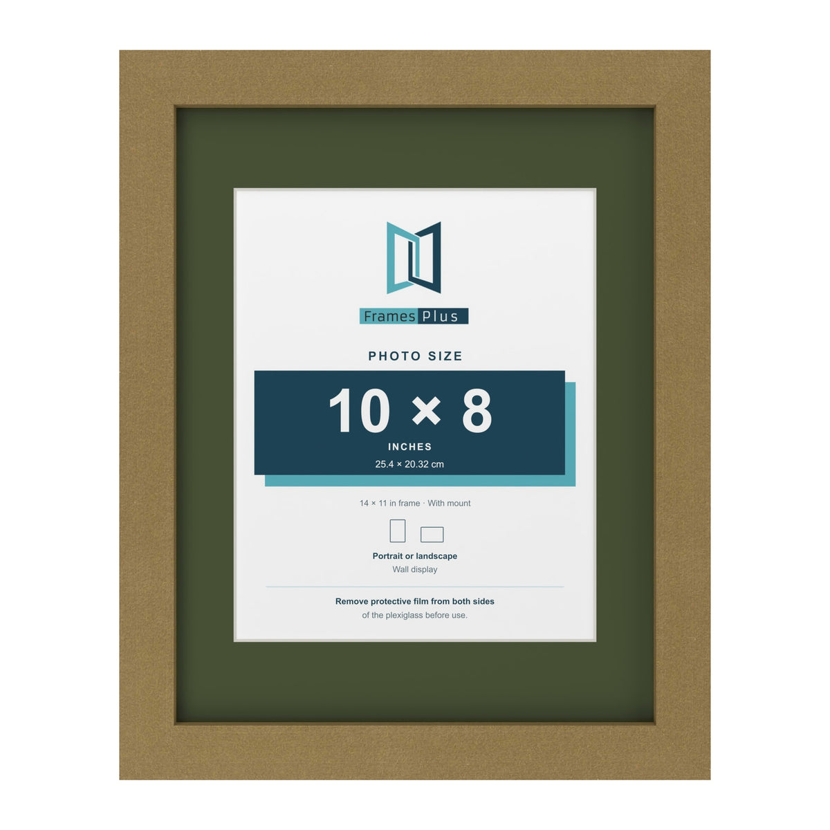 Gold 14 x 11 inch picture frame with a green mount for a 10 x 8 inch photo