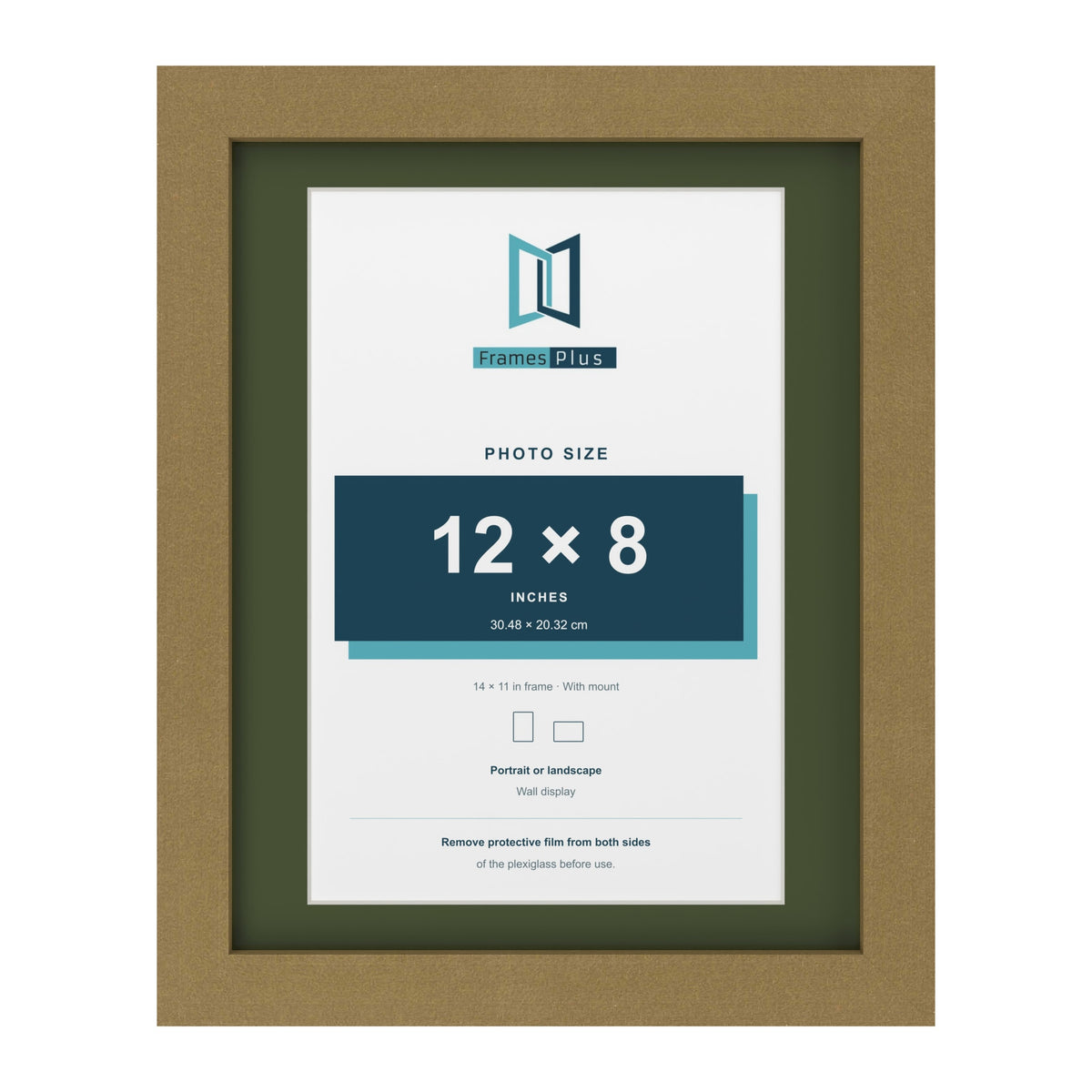 Gold 14 x 11 inch picture frame with a green mount for a 12 x 8 inch photo