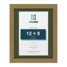 Gold 14 x 11 inch picture frame with a green mount for a 12 x 8 inch photo