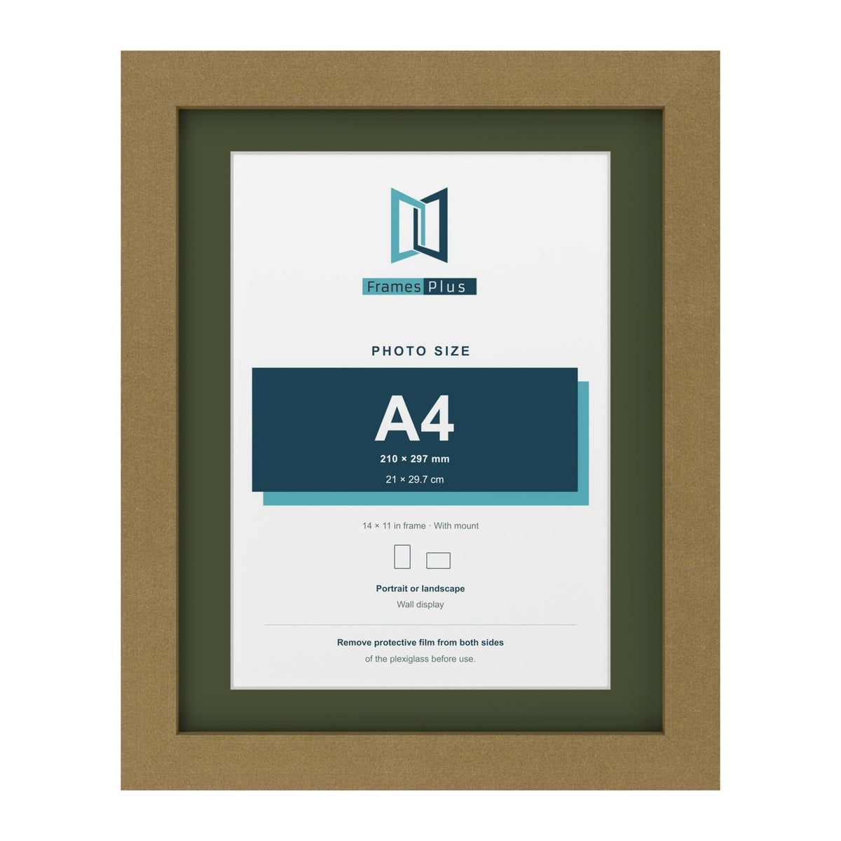 Gold 14 x 11 inch picture frame with a green mount for an A4 photo