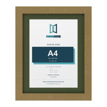Gold 14 x 11 inch picture frame with a green mount for an A4 photo