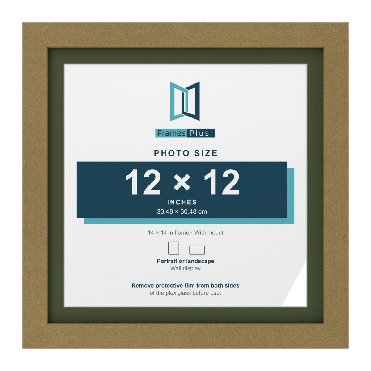 Gold 14 x 14 inch picture frame with a green mount for a 12 x 12 inch photo