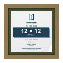Gold 14 x 14 inch picture frame with a green mount for a 12 x 12 inch photo