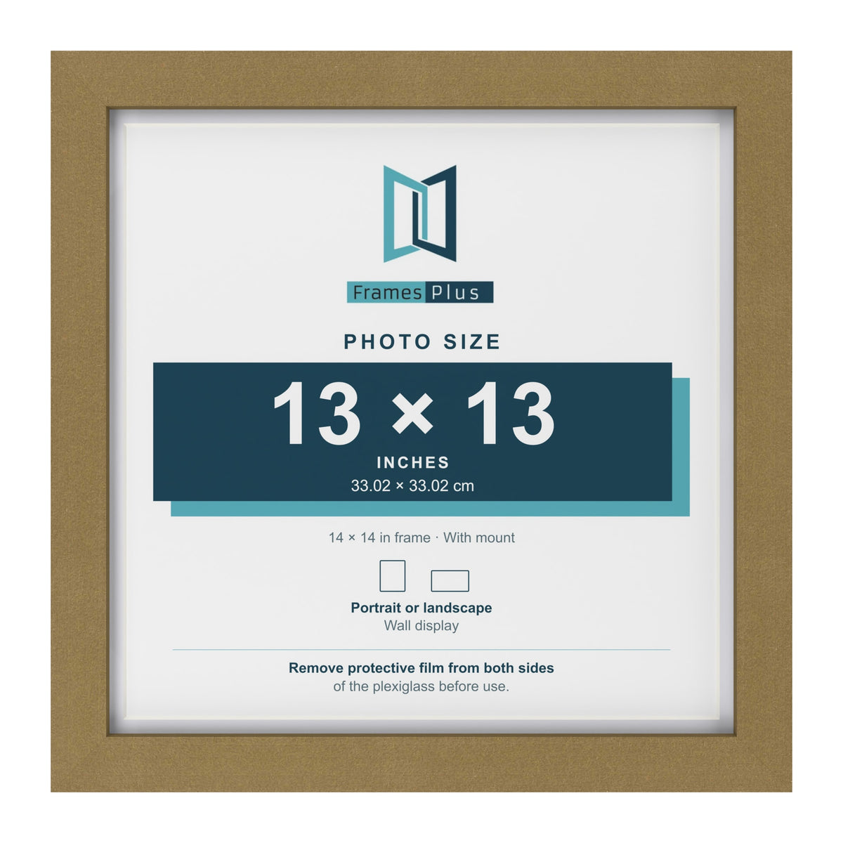 Gold 14 x 14 inch picture frame with a white mount for a 13 x 13 inch photo