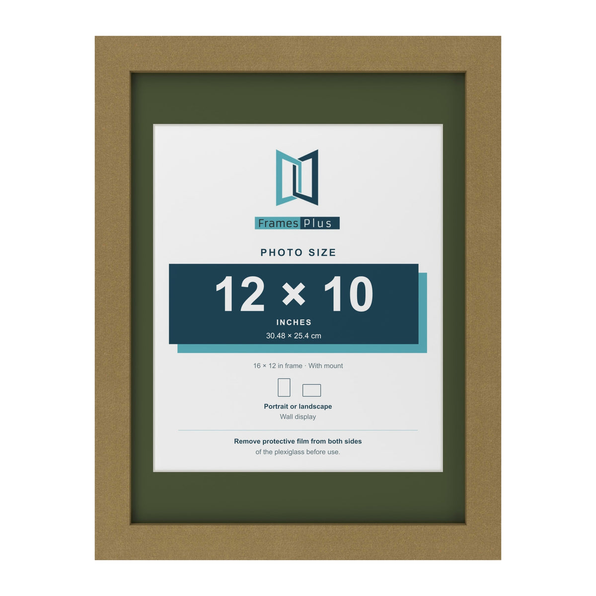 Gold 16 x 12 inch picture frame with a green mount for a 12 x 10 inch photo