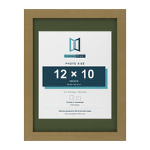 Gold 16 x 12 inch picture frame with a green mount for a 12 x 10 inch photo