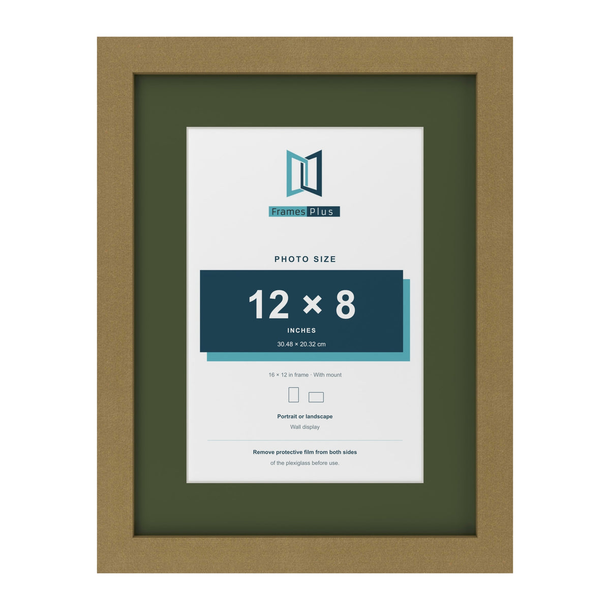 Gold 16 x 12 inch picture frame with a green mount for a 12 x 8 inch photo