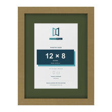 Gold 16 x 12 inch picture frame with a green mount for a 12 x 8 inch photo