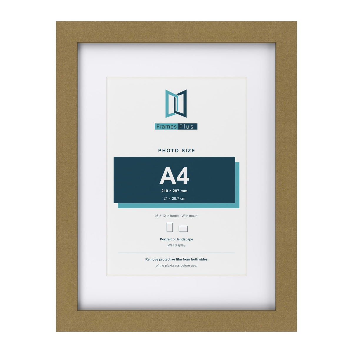 Gold 16 x 12 inch picture frame with a white mount for an A4 photo
