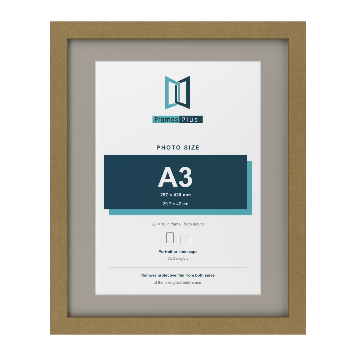 Gold 20 x 16 inch picture frame with a Dawn Grey mount for an A3 photo