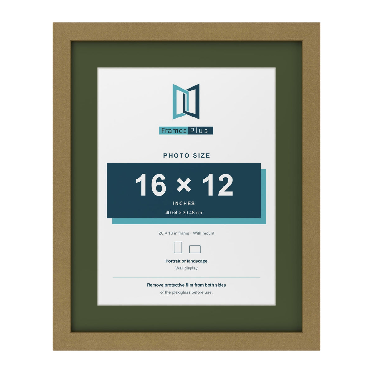Gold 20 x 16 inch picture frame with a green mount for a 16 x 12 inch photo