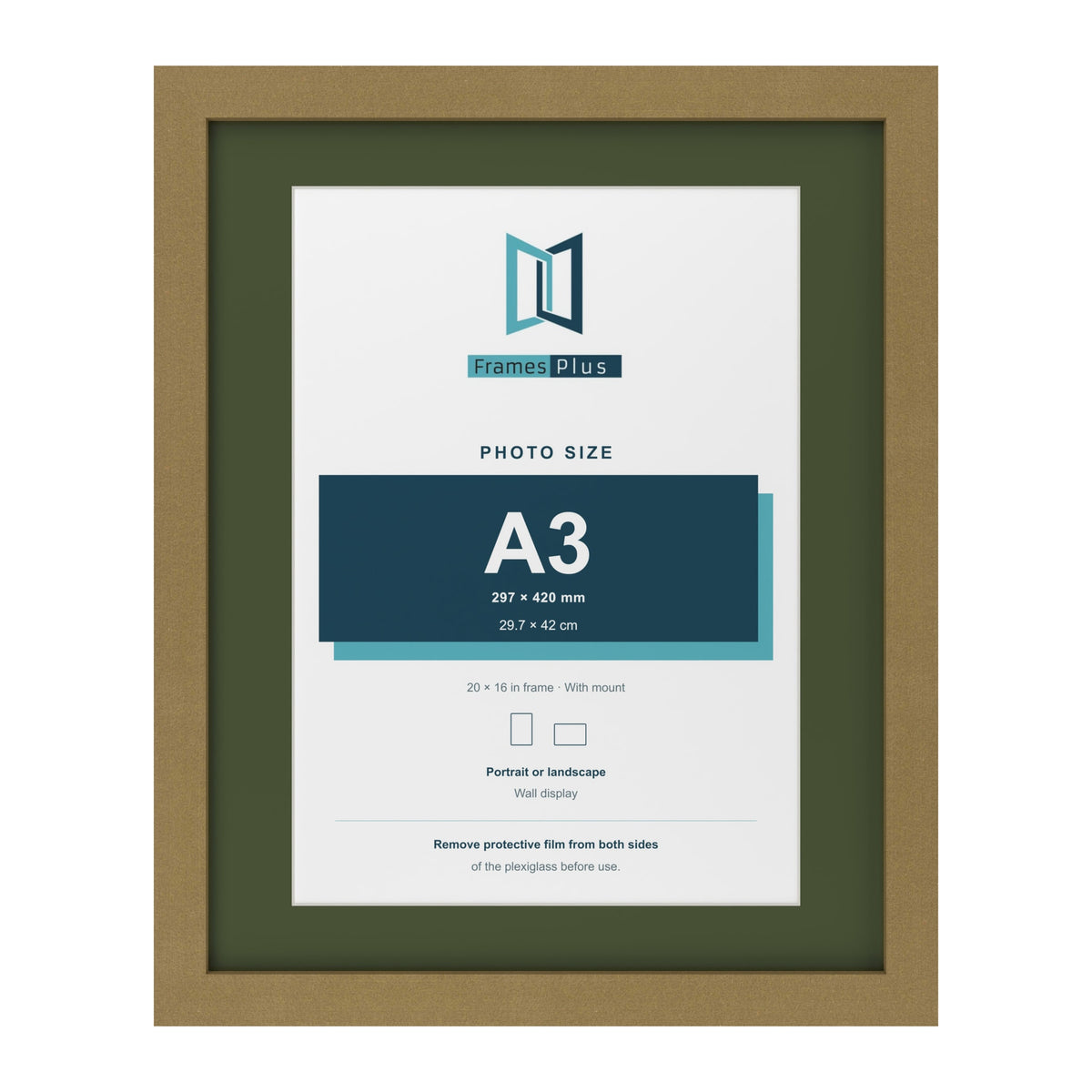 Gold 20 x 16 inch picture frame with a green mount for an A3 photo