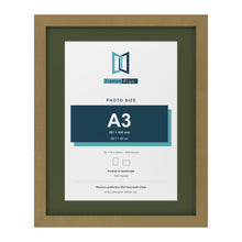 Gold 20 x 16 inch picture frame with a green mount for an A3 photo