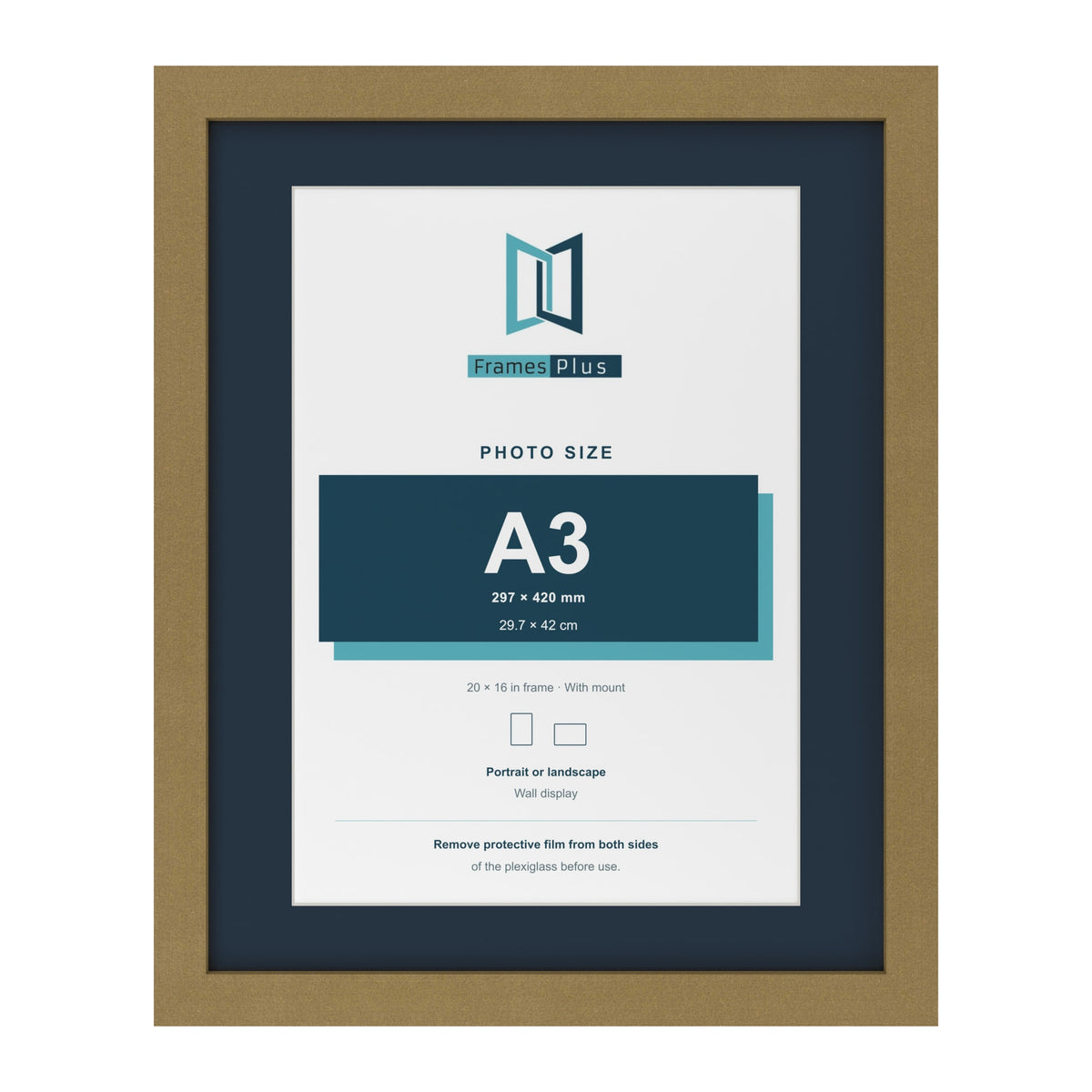 Gold 20 x 16 inch picture frame with a Pacific Blue mount for an A3 photo
