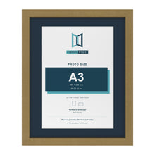 Gold 20 x 16 inch picture frame with a Pacific Blue mount for an A3 photo