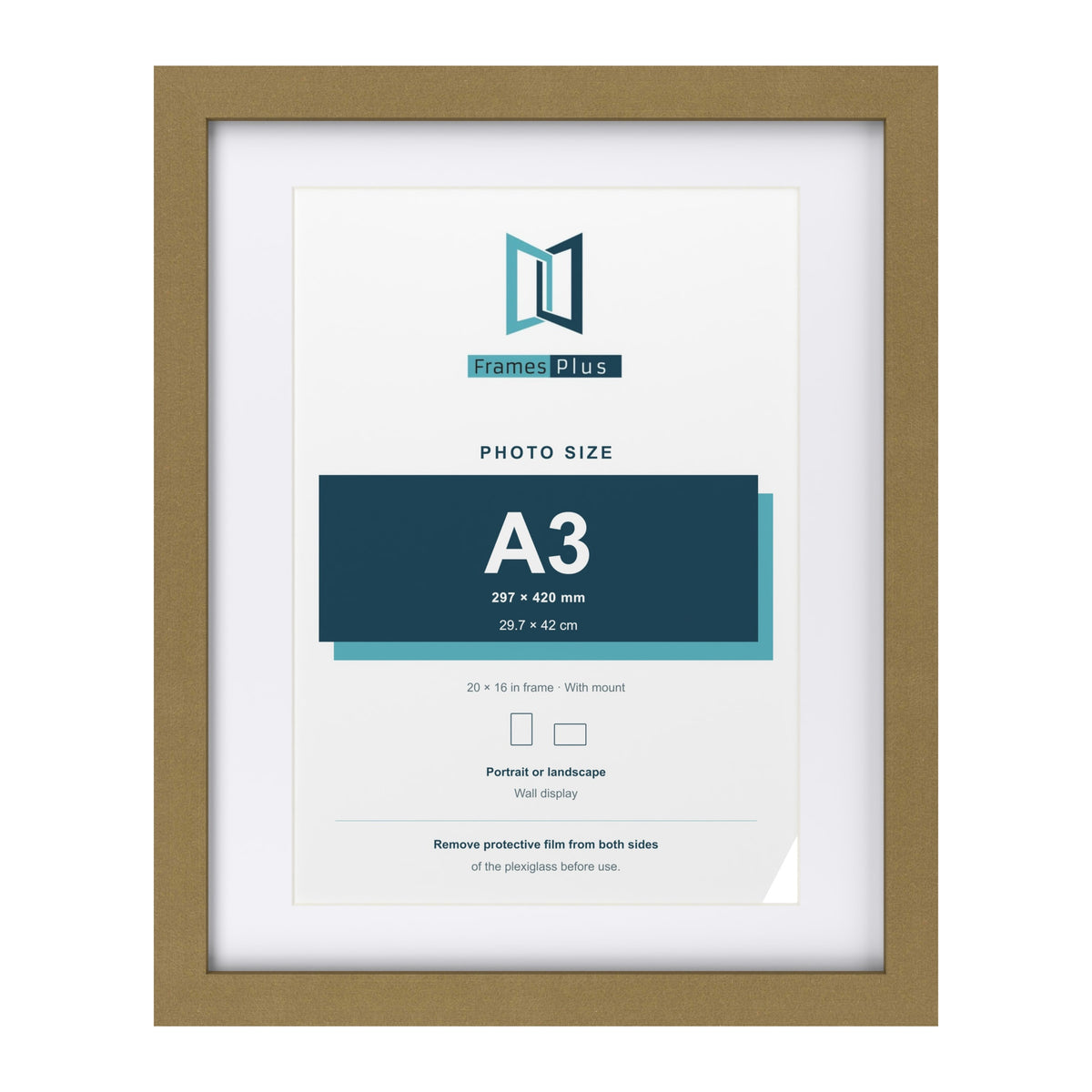 Gold 20 x 16 inch picture frame with a white mount for an A3 photo