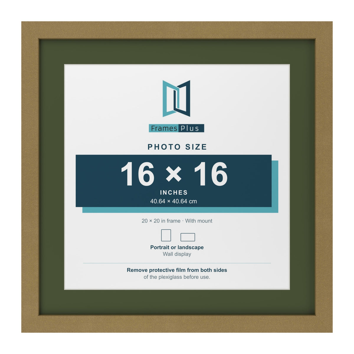 Gold 20 x 20 inch picture frame with a green mount for a 16 x 16 inch photo