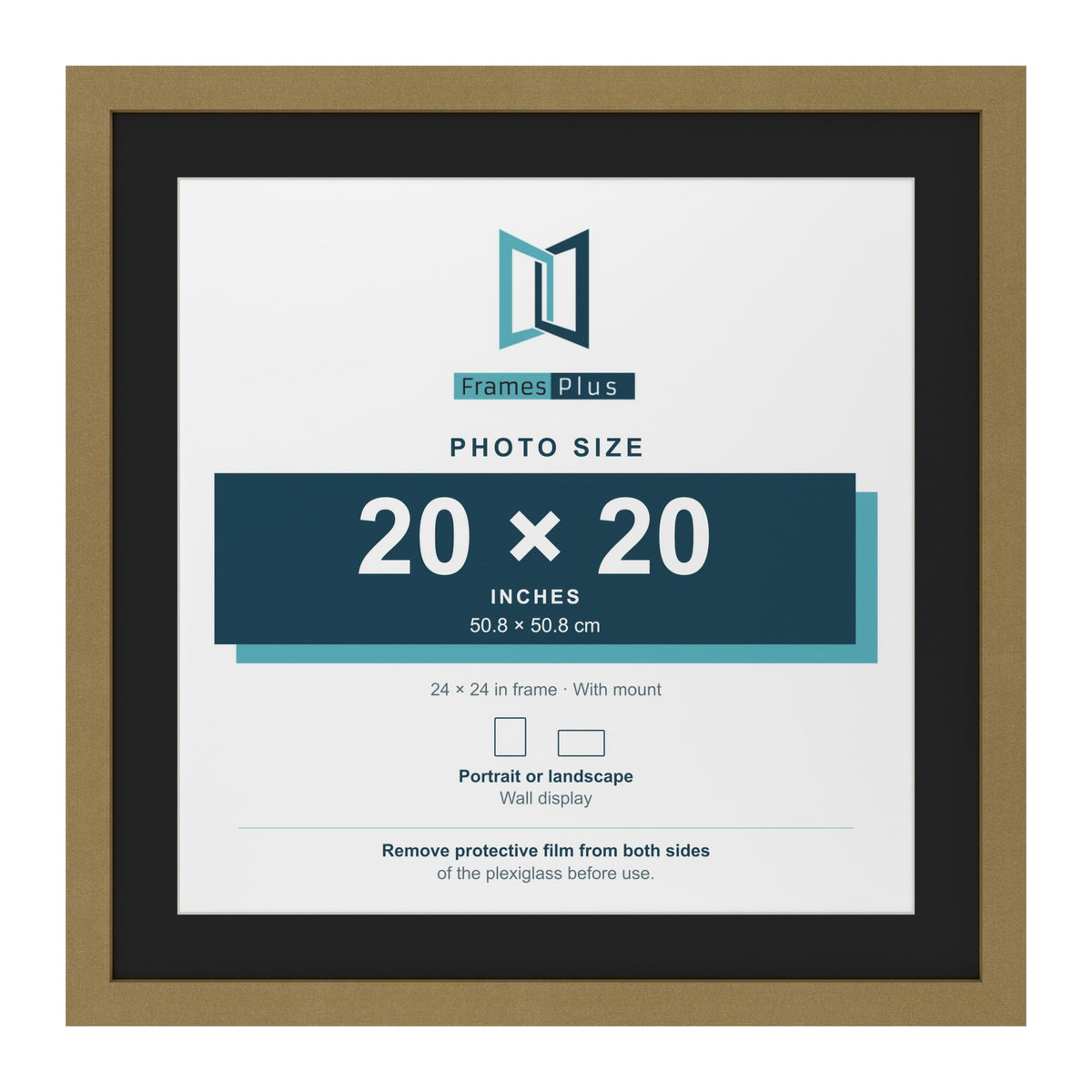 Gold 24 x 24 inch picture frame with a black mount for a 20 x 20 inch photo