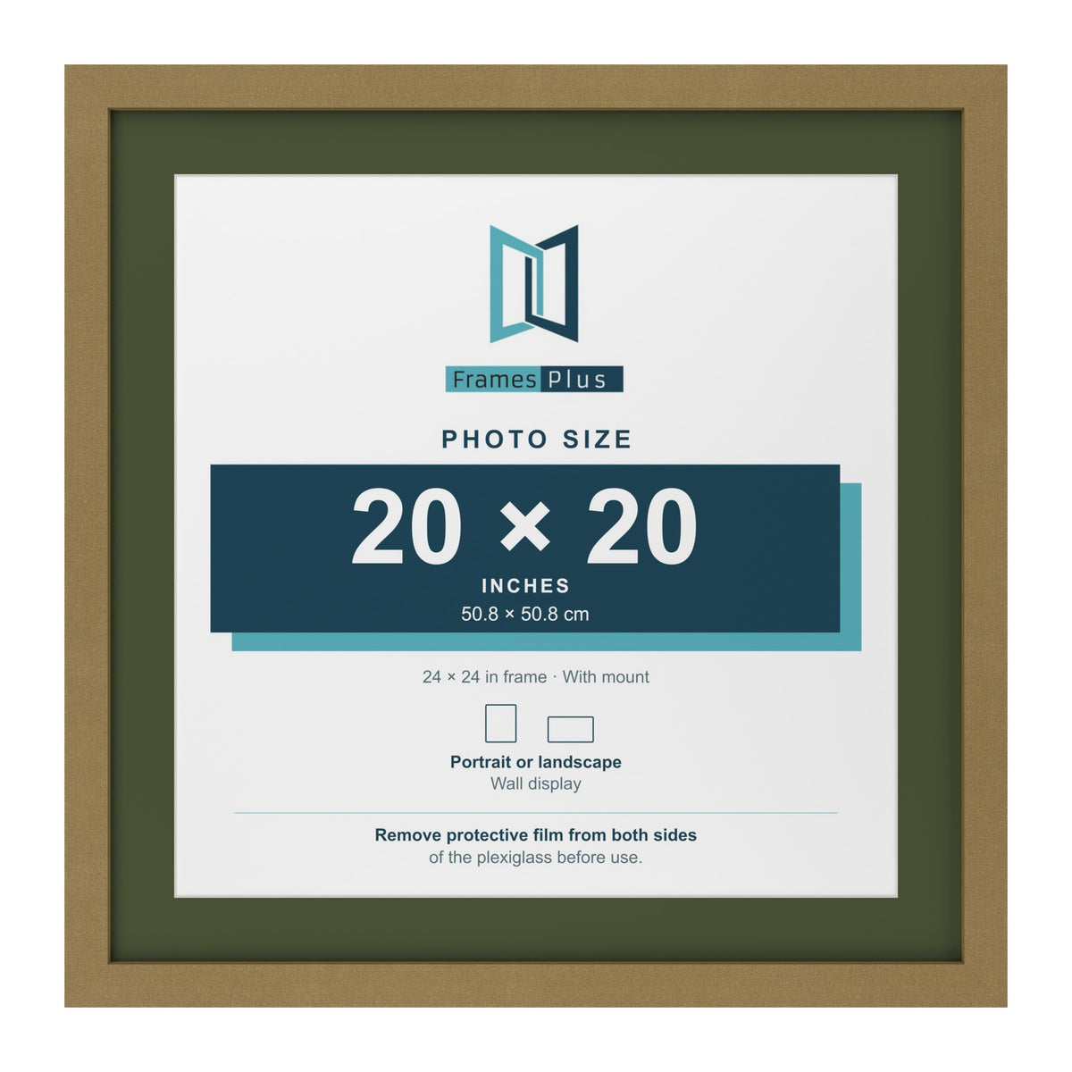 Gold 24 x 24 inch picture frame with a green mount for a 20 x 20 inch photo