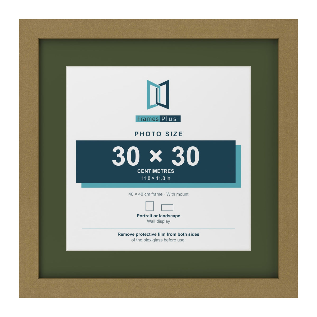 Gold 40 x 40 cm picture frame with a green mount for a 30 x 30 cm photo