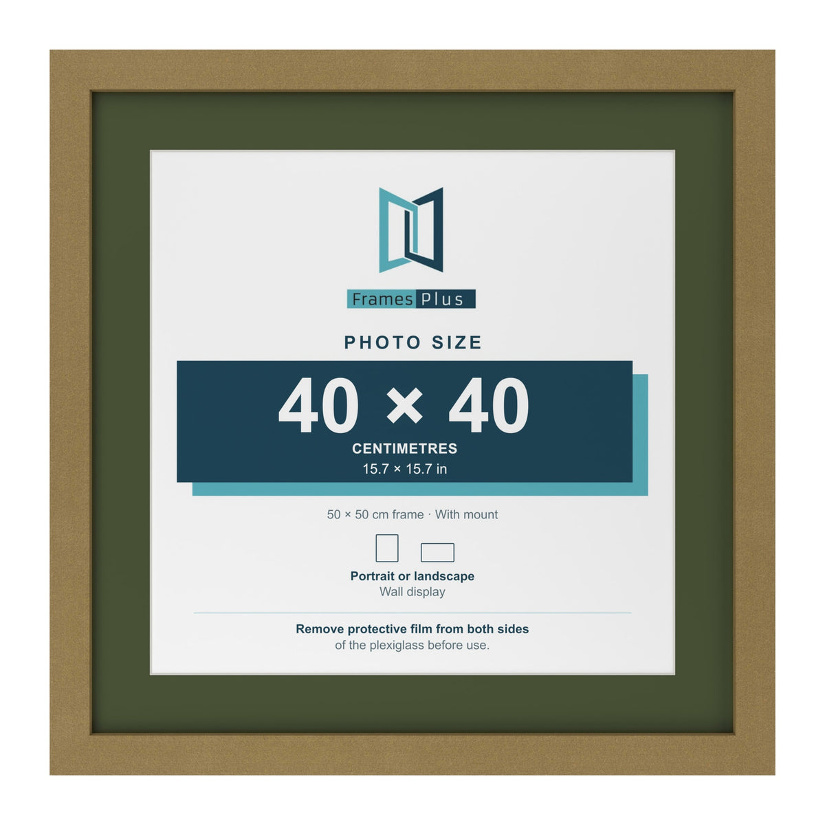 Gold 50 x 50 cm picture frame with a green mount for a 40 x 40 cm photo