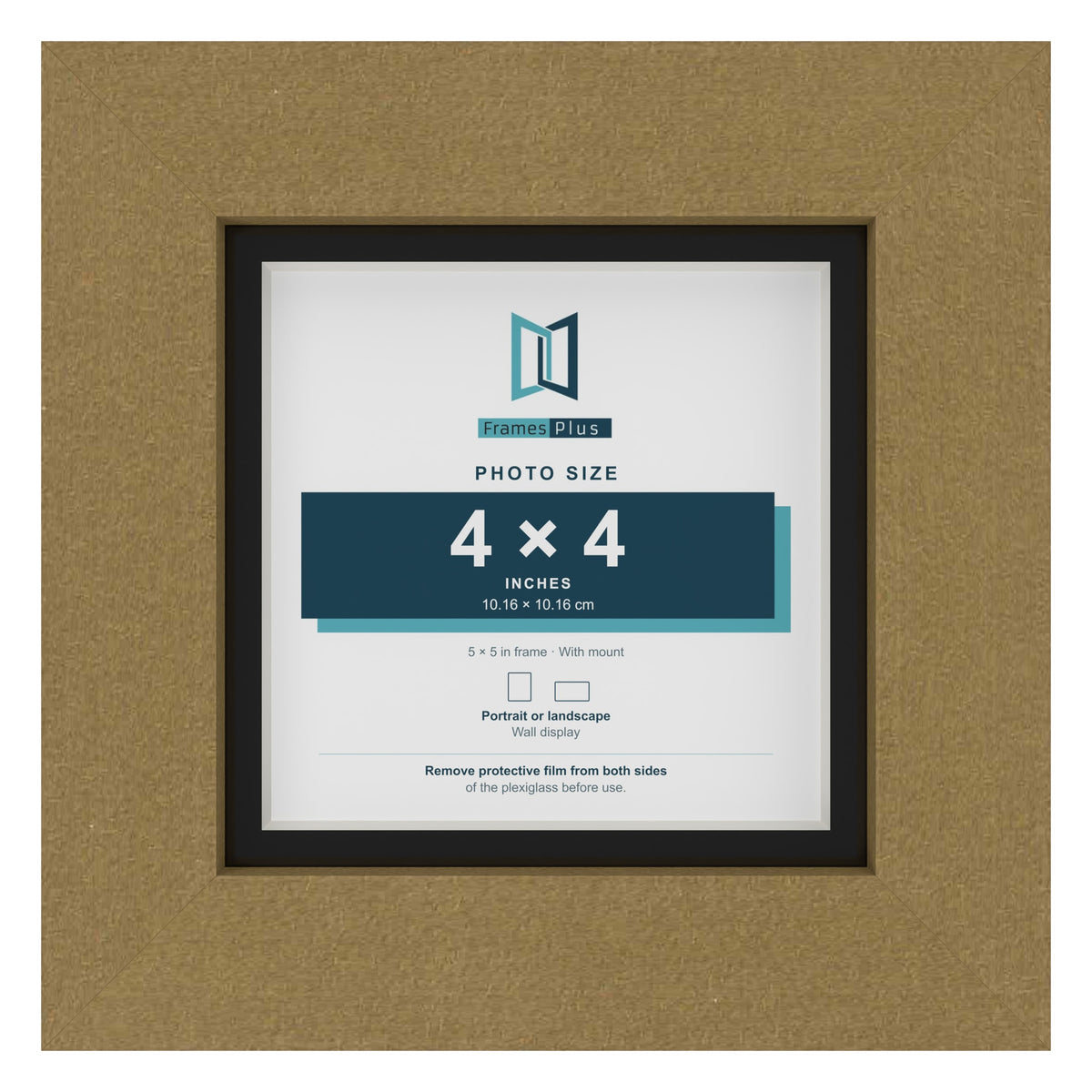 Gold 5 x 5 inch picture frame with a black mount for a 4 x 4 inch photo