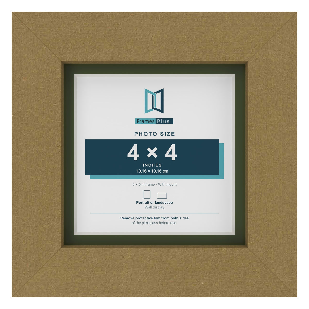 Gold 5 x 5 inch picture frame with a green mount for a 4 x 4 inch photo