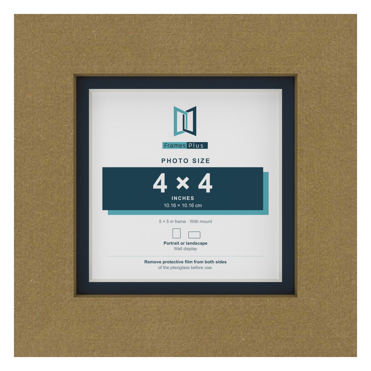 Gold 5 x 5 inch picture frame with a Pacific Blue mount for a 4 x 4 inch photo