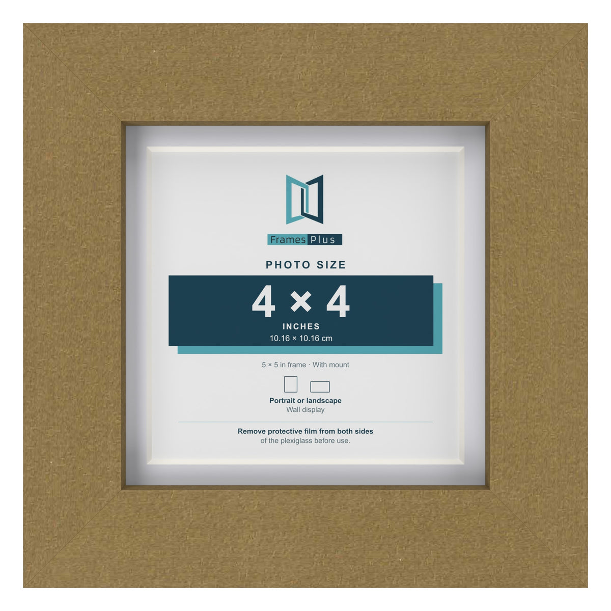 Gold 5 x 5 inch picture frame with a white mount for a 4 x 4 inch photo