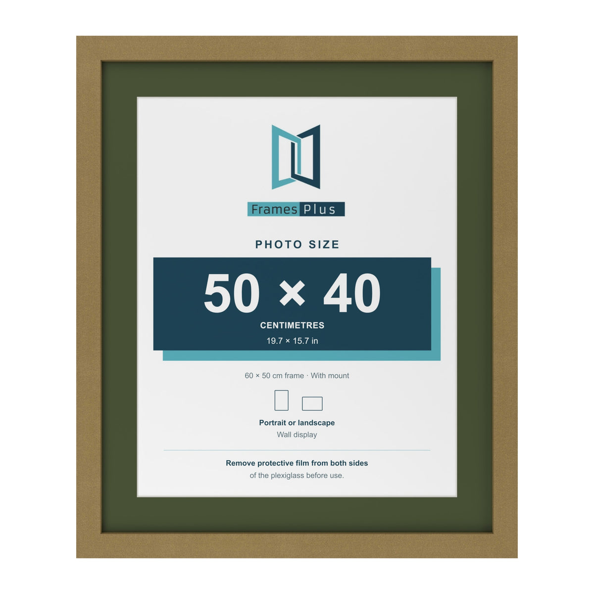 Gold 60 x 50 cm picture frame with a green mount for a 50 x 40 cm photo